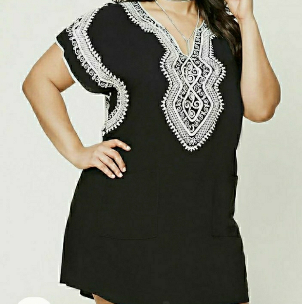ISO: Black woven shift dress with embroidery